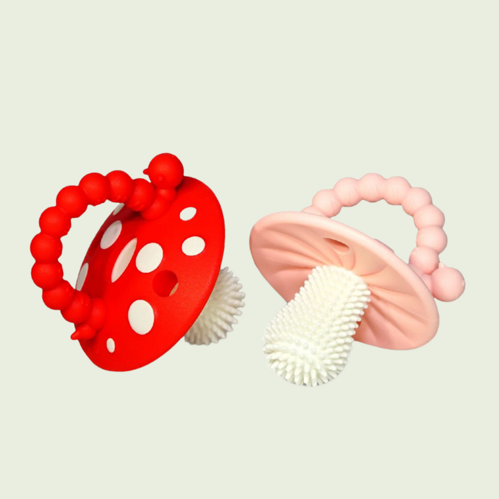 RaZBaby Chompy Mushroom Silicone Teether Red & Blue – 2 Pack